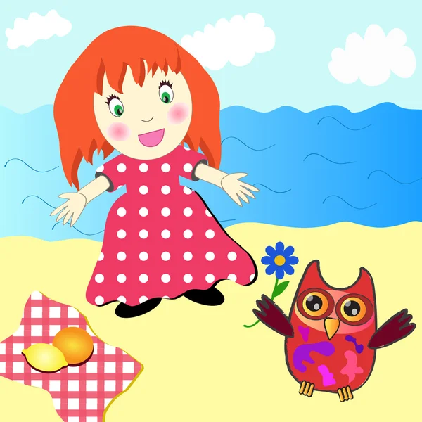 Schattige kleine meisje picknick op het strand — Stockvector
