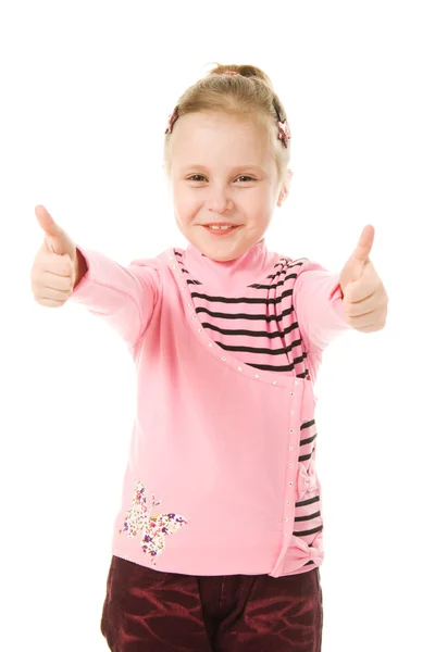 S úsměvem holčička s palec nahoru znamení — Stock fotografie