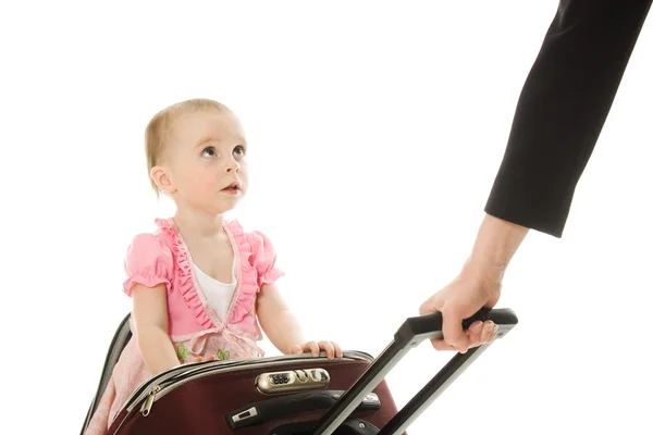 stock image Beautiful baby in suitcase isolated