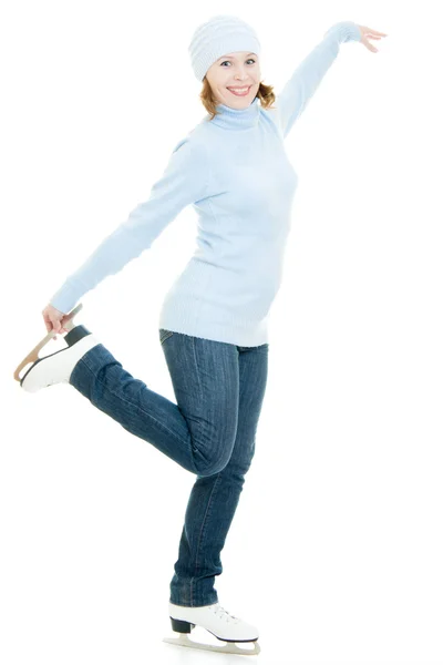 白い背景の上のスケートを持つ女性. — ストック写真