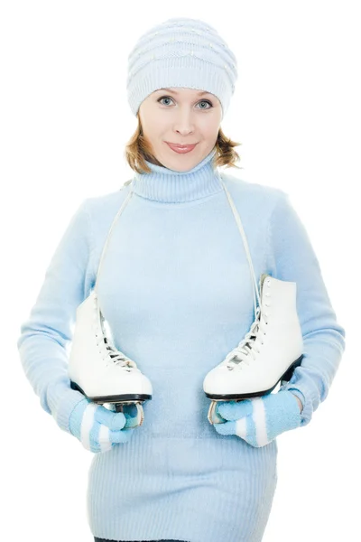 Nő, korcsolya, fehér háttér. — Stock Fotó