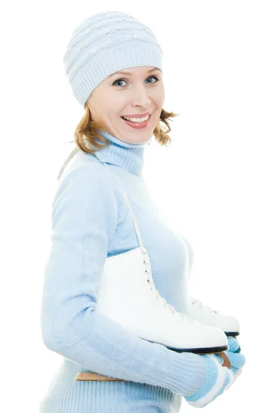 Mujer con patines sobre fondo blanco . — Foto de Stock