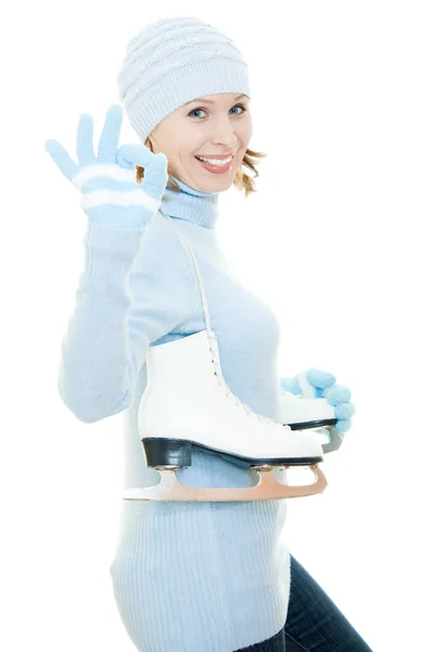흰색 바탕에 스케이트 여자. — 스톡 사진