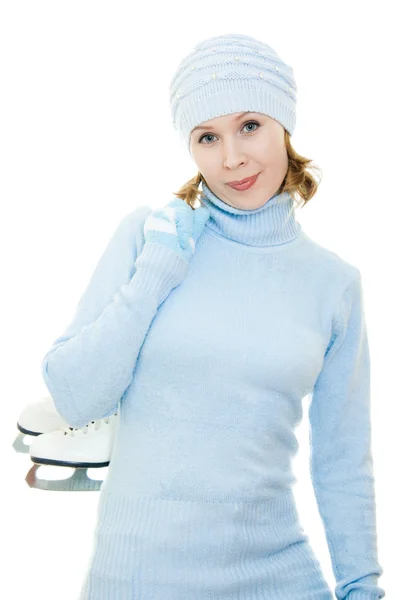Kvinna med skridskor på vit bakgrund. — Stockfoto