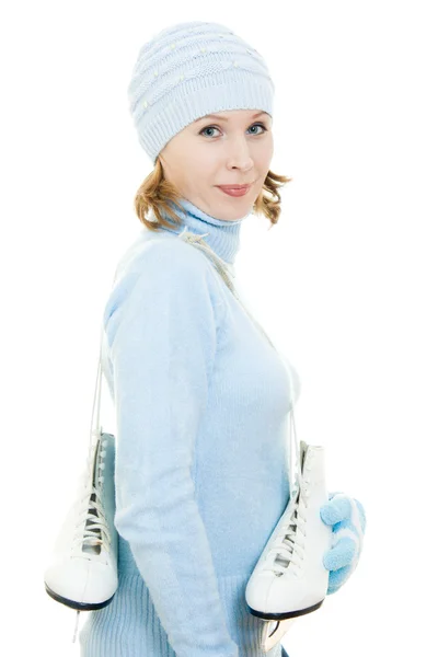 Γυναίκα με πατίνια σε άσπρο φόντο. — Φωτογραφία Αρχείου