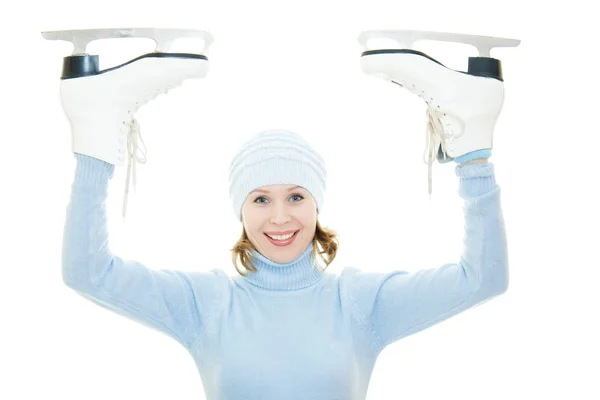 白い背景の上のスケートを持つ女性. — ストック写真