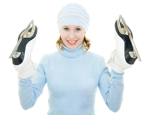 Frau mit Schlittschuhen auf weißem Hintergrund. — Stockfoto