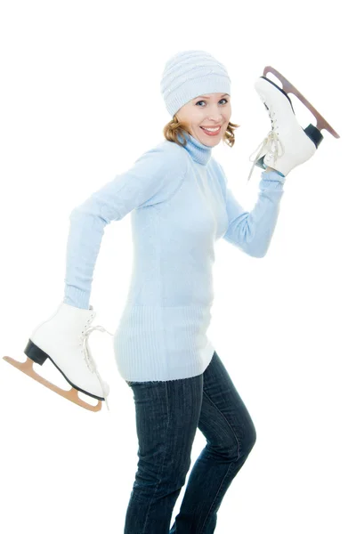 Mujer con patines sobre fondo blanco . —  Fotos de Stock