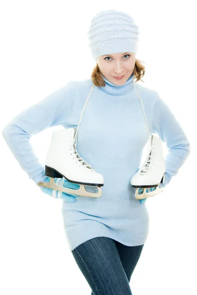 Жінка з ковзанами на білому тлі . — стокове фото