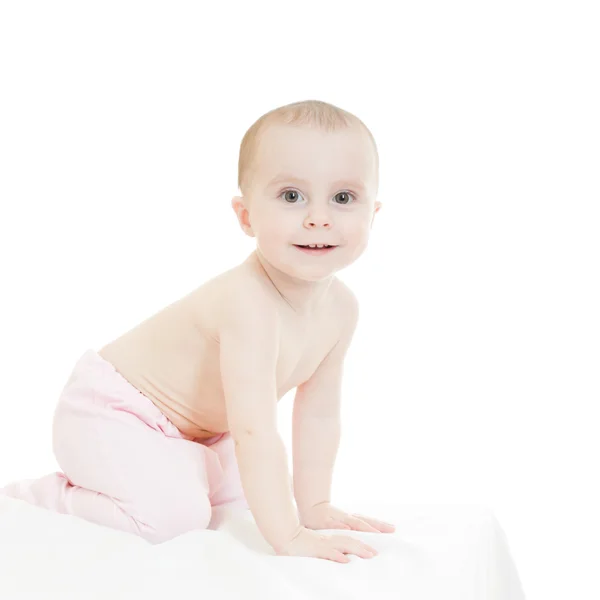 Bebê feliz em um fundo branco . — Fotografia de Stock