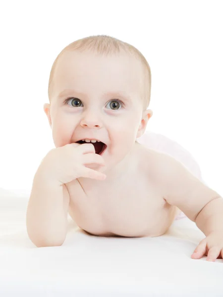 Bebê feliz em um fundo branco . — Fotografia de Stock