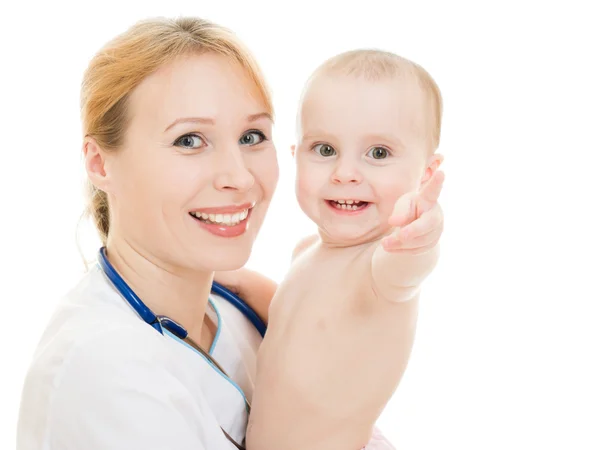 Doctor holding a baby in her arms on a white background. — Stock Photo, Image