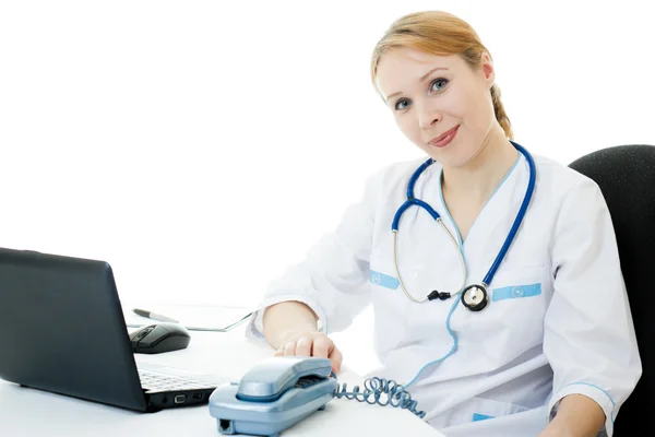 Uma mulher consultora médica em um fundo branco . — Fotografia de Stock