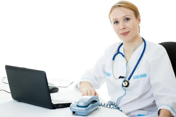 En kvinna läkare konsult på en vit bakgrund. — Stockfoto