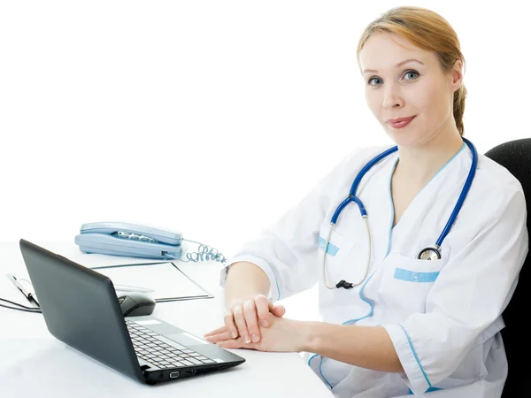 En kvinna läkare konsult på en vit bakgrund. — Stockfoto
