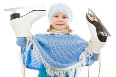 een meisje met schaatsen op witte achtergrond.