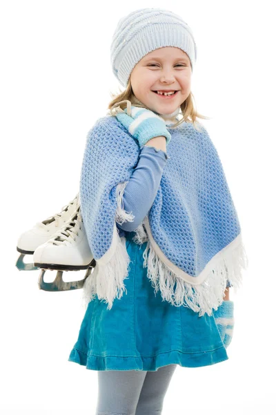 Une fille avec des patins sur fond blanc . — Photo