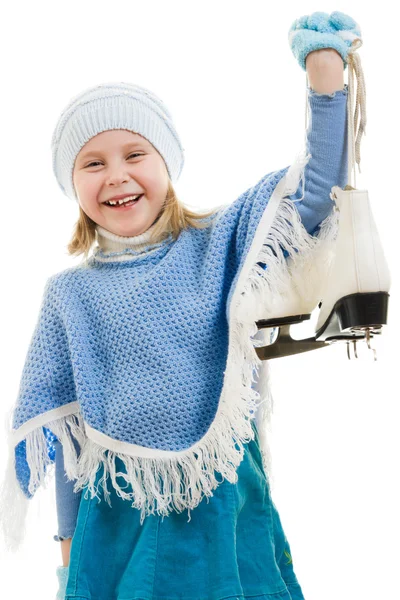 Ένα κορίτσι με πατίνια σε άσπρο φόντο. — Φωτογραφία Αρχείου