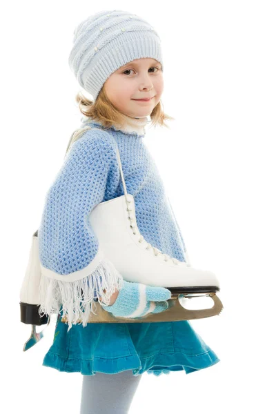 A girl with skates on white background. — Stock Photo, Image