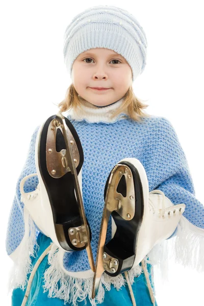 Ένα κορίτσι με πατίνια σε άσπρο φόντο. — Φωτογραφία Αρχείου