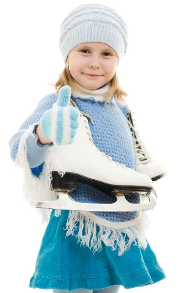 Glad tjej med skridskor på vit bakgrund. — Stockfoto