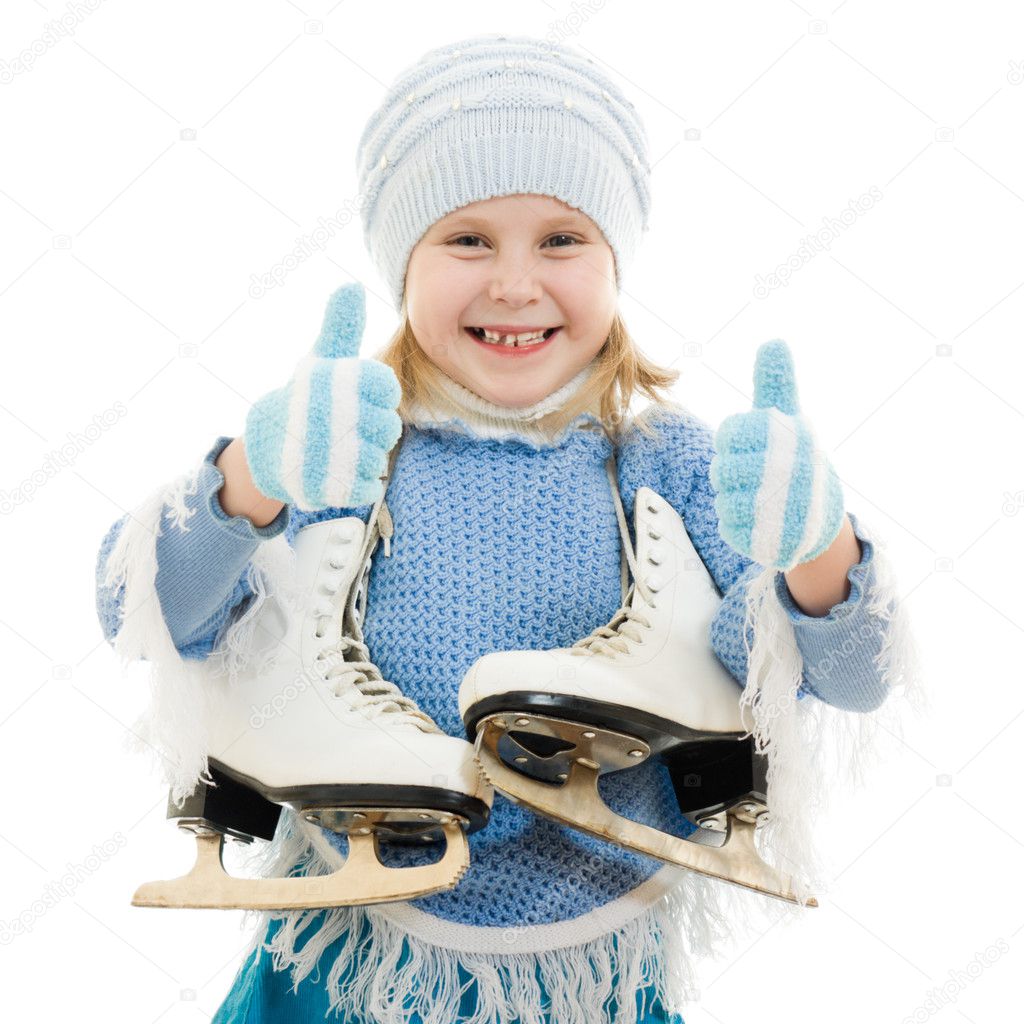 Happy girl with skates on white background.