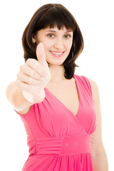 En kvinna visar en gest okej på en vit bakgrund. — Stockfoto