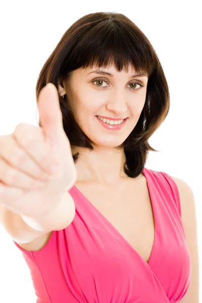 Een vrouw toont een gebaar oke op een witte achtergrond. — Stockfoto