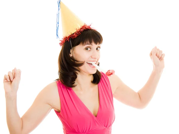 Mutlu bir kadın beyaz bir arka plan üzerinde şapkalı. — Stok fotoğraf