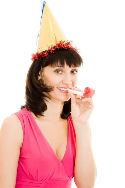 Mutlu bir kadın beyaz bir arka plan üzerinde şapkalı. — Stok fotoğraf