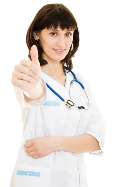 Médica bem sucedida com estetoscópio em fundo branco . — Fotografia de Stock