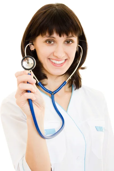 Sikeres nő orvos sztetoszkóp, fehér háttér. — Stock Fotó