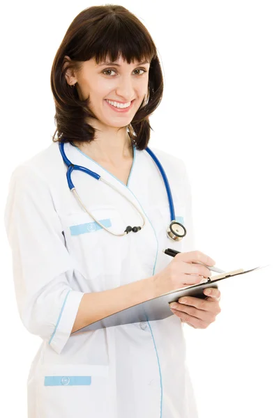 Donna medico scrive una penna su uno sfondo bianco . — Foto Stock
