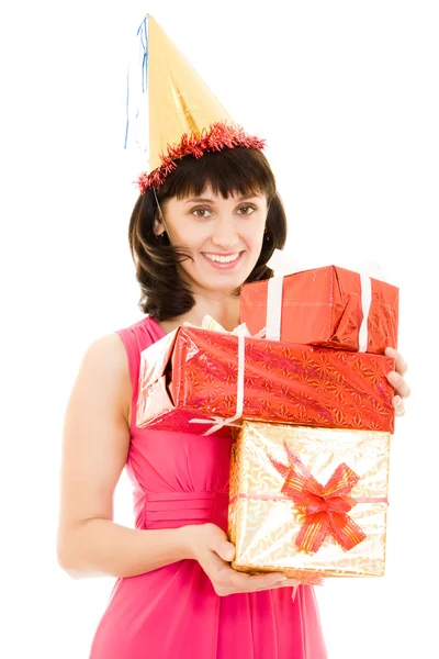 Mujer feliz con regalos sobre un fondo blanco . — Foto de Stock