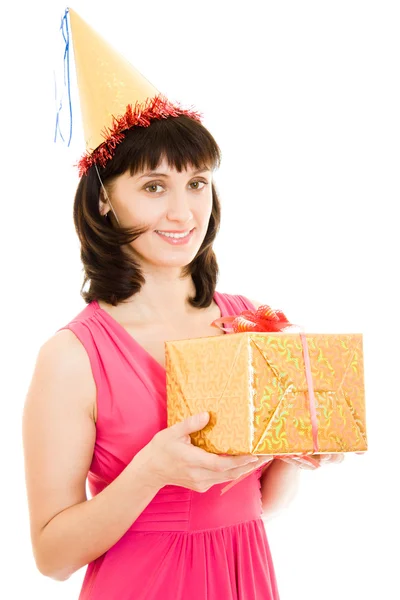 Glückliche Frau mit Geschenken auf weißem Hintergrund. — Stockfoto
