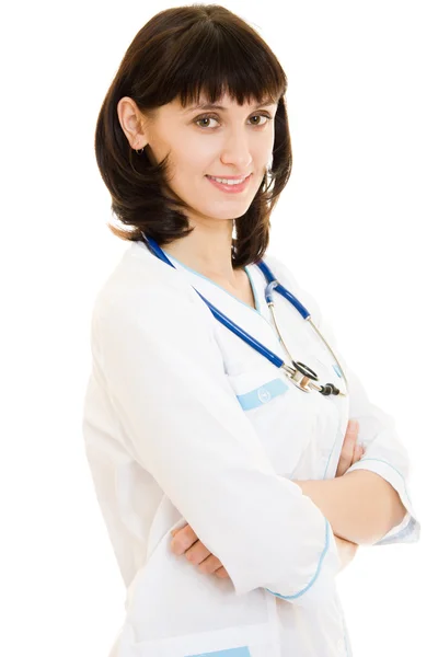 Succesvolle vrouw arts met een stethoscoop op witte achtergrond. — Stockfoto
