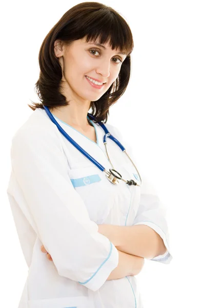 Erfolgreiche Ärztin mit Stethoskop auf weißem Hintergrund. — Stockfoto