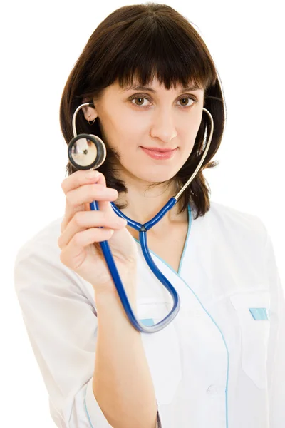Médica bem sucedida com estetoscópio em fundo branco . — Fotografia de Stock
