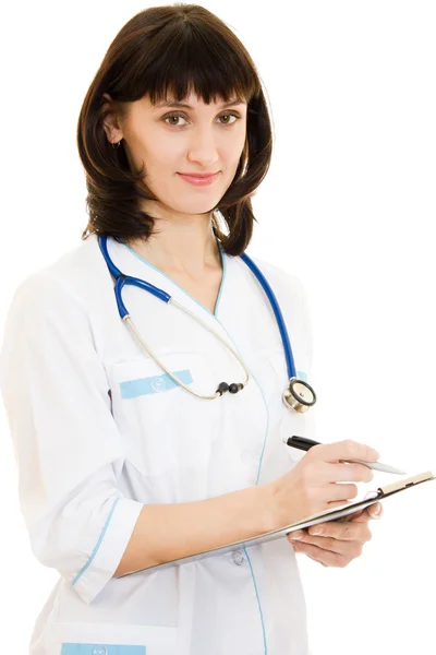 Ärztin schreibt Stift auf weißem Hintergrund. — Stockfoto