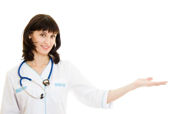 Γυναίκα γιατρό με βραχίονα απλωμένα σε λευκό φόντο. — Φωτογραφία Αρχείου