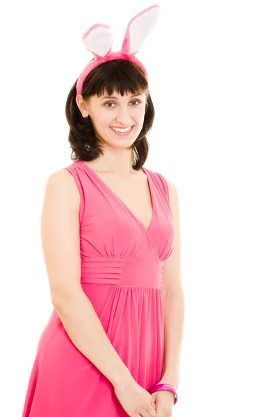 The girl in red dress with rabbit ears on a white background. — Stock Photo, Image