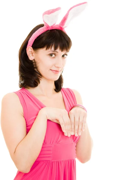 The girl in red dress with rabbit ears on a white background. — Stock Photo, Image