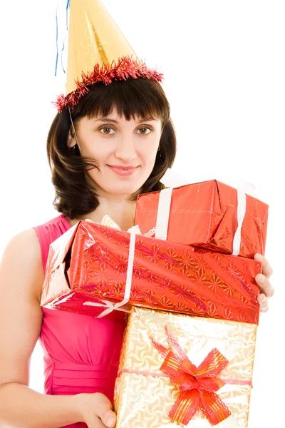 Šťastná žena s dárky na bílém pozadí. — Stock fotografie