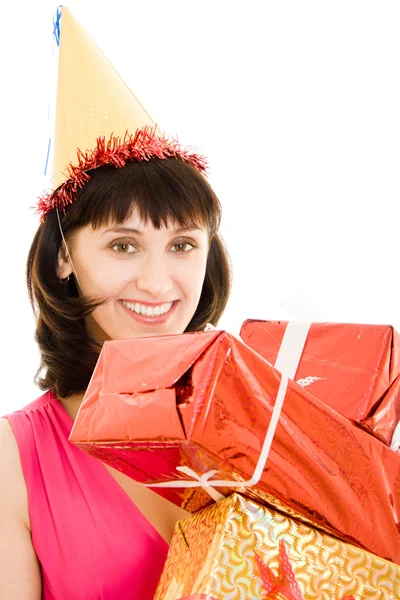 Mujer feliz con regalos sobre un fondo blanco . —  Fotos de Stock