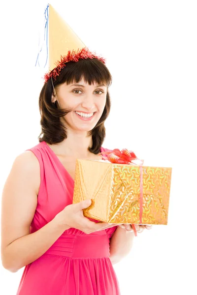 Happy woman with gifts on a white background. — Stock Photo, Image