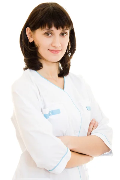 Uma médica bem sucedida em um fundo branco . — Fotografia de Stock