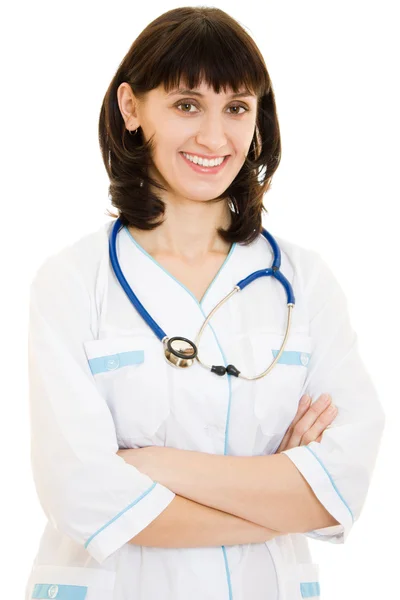 Erfolgreiche Ärztin mit Stethoskop auf weißem Hintergrund. lizenzfreie Stockfotos