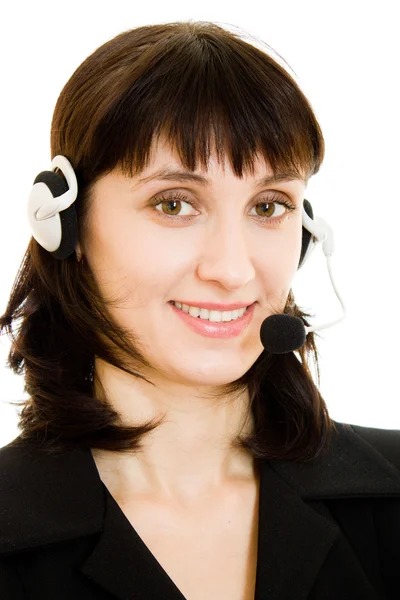 Genç güzel çağrı merkezi kadın operatör portre üzerinde beyaz izole — Stok fotoğraf