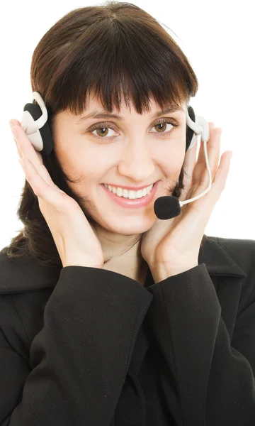 Young beautiful call center female operator portrait isolated on white — Stock Photo, Image
