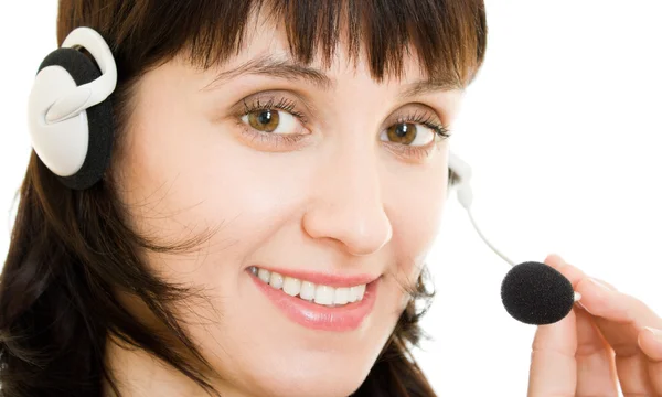Jovem bonito call center feminino operador retrato isolado no branco — Fotografia de Stock